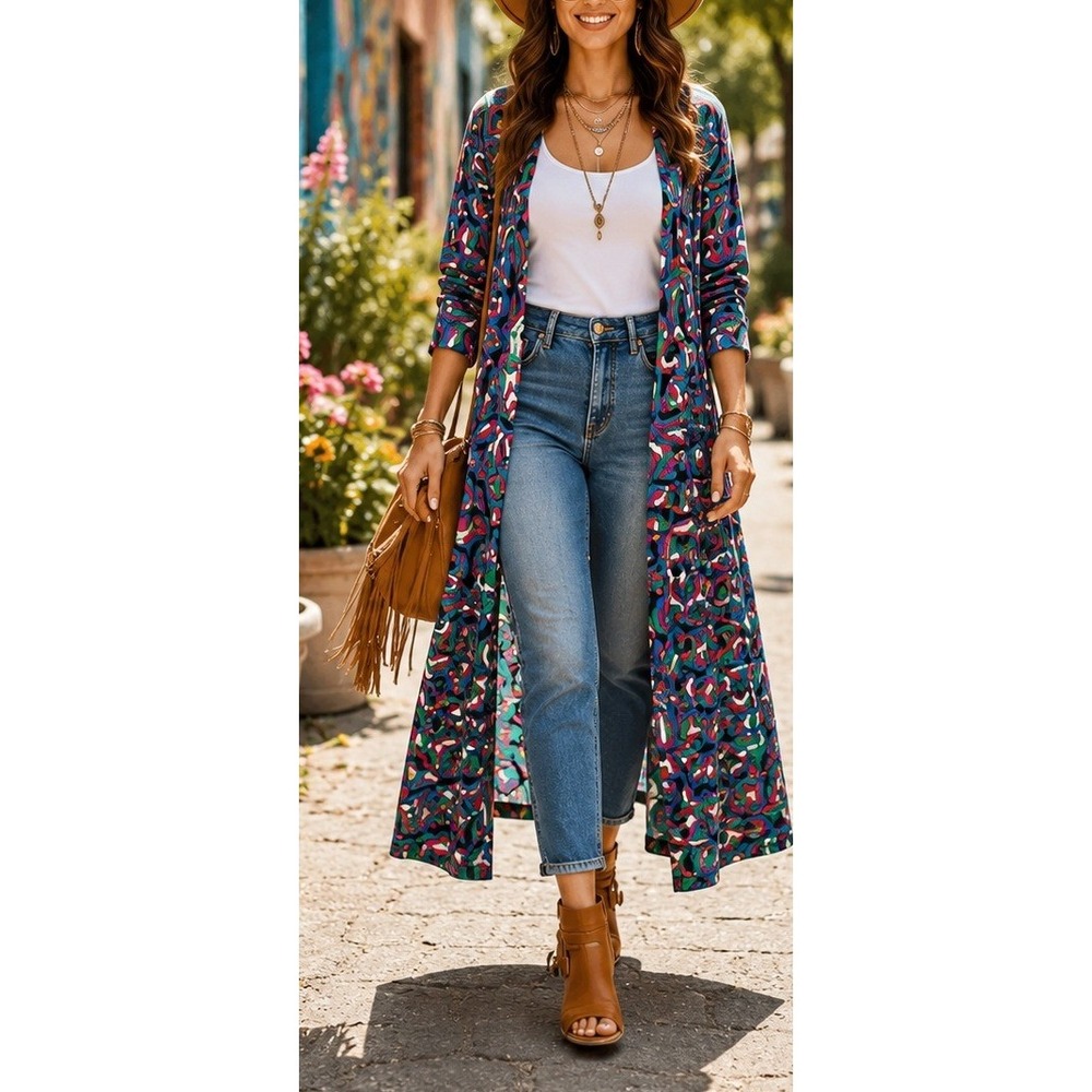 LuLaRoe Joy Longline Duster Vest Large Blue Pink Geometric Kaleidoscope Pockets